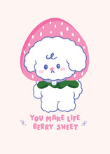 Load image into Gallery viewer, A charming greeting card with Bibo wearing a large strawberry as a hat, surrounded by sparkles and the text 'You Make Life Berry Sweet' on a light pink background.