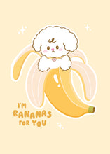 Load image into Gallery viewer, A sweet greeting card featuring Bibo the dog character peeking out of a peeled yellow banana, accompanied by the hand-lettered text 'I'm Bananas For You' on a soft yellow background.