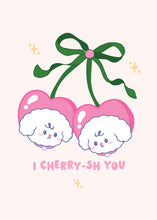 Load image into Gallery viewer, A cute birthday greeting card featuring Bibo the dog peeking out of a large strawberry with a pink bow, with the text 'Have a Berry Happy Birthday!' on a light pink background.