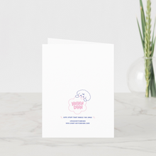 Load image into Gallery viewer, The back of a Huyen Dinh greeting card featuring a small Bibo character peeking over a flower logo, including the shop website and social media handle.