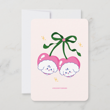 Load image into Gallery viewer, Mini art print of two Bibo dog characters as pink cherries connected by a green stem and bow, set against a light pink background with sparkles.