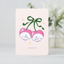 Load image into Gallery viewer, Mini art print of two Bibo dog characters as pink cherries connected by a green stem and bow, set against a light pink background with sparkles.