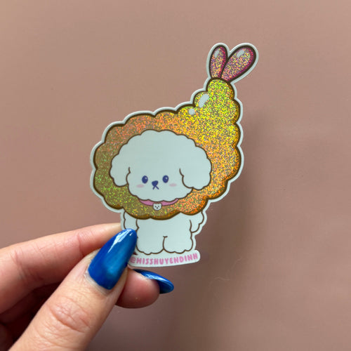 Hand holding a colorful cloud-shaped shrimp tempura  sticker 