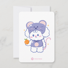 Load image into Gallery viewer, Card with a cute illustration of a mouse holding an orange on a white background Zodiac Sign Lunar New Year