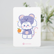 Load image into Gallery viewer, Bibo the dog dressed as a cute purple mouse for the Lunar New Year Zodiac Rat Mini Art Print. 