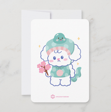 Load image into Gallery viewer, Card with a cute cartoon character holding a cherry blossom on a white Snake Lunar New Year Zodiac  background