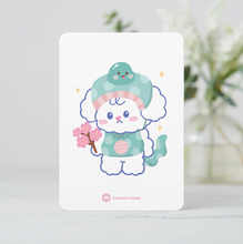 Load image into Gallery viewer, Card with a cute cartoon character holding a cherry blossom on a white background Snake Lunar New Year Zodiac 