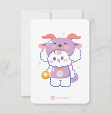 Load image into Gallery viewer, Card with a cute cartoon character wearing a purple outfit on a white background Goat Lunar New Year Zodiac 