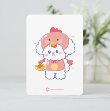 Load image into Gallery viewer, Card with a cute cartoon chicken character holding a golden egg on a white background. Rooster Lunar New Year Zodiac 