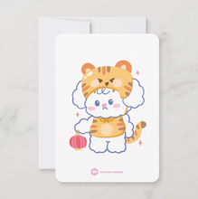 Load image into Gallery viewer, Card with a cute illustration of a tiger in a cloud costume holding a pumpkin on a white background.
Lunar New Year Zodiac 
