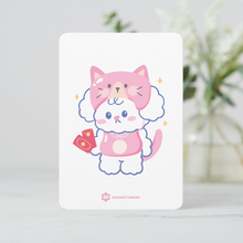 Load image into Gallery viewer, Card with a cute illustration of a pink and white cat character on a light Lunar New Year Zodiac background