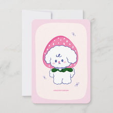 Load image into Gallery viewer, Cute mini art print of Bibo the dog wearing a large strawberry hat with green leaves, set on a light pink and cream background.
