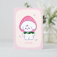 Load image into Gallery viewer, Cute mini art print of Bibo the dog wearing a large strawberry hat with green leaves, set on a light pink and cream background.