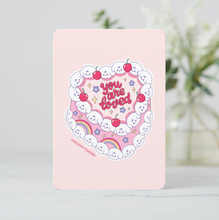 Load image into Gallery viewer, A heart-shaped pink cake mini art print decorated with Bibo dog characters as frosting dollops and cherries, featuring the bubble letter text 'You Are Loved'.