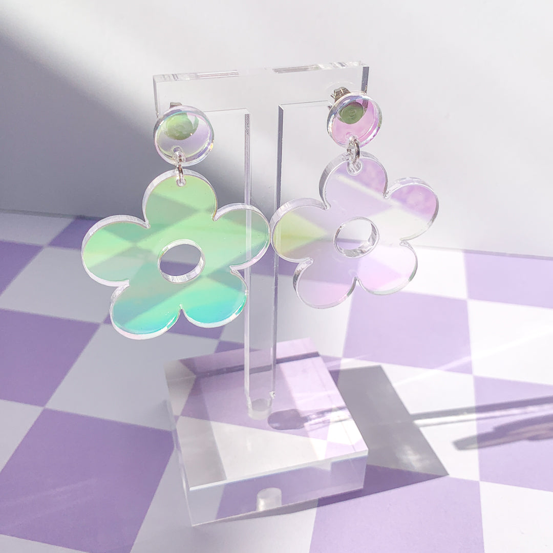clear reflective iridescent flower spring earrings