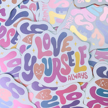 Load image into Gallery viewer, love yourself vinyl matte mirror sticker with colorful selfcare self love