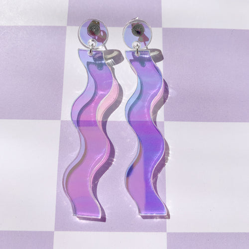 clear iridescent wavy earrings acrylic reflective